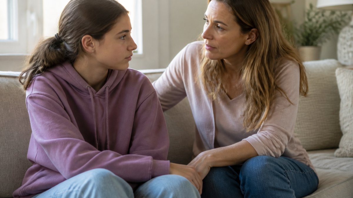 A concerned parent and teenager sitting on a couch. Discover when your teen needs intensive therapy.