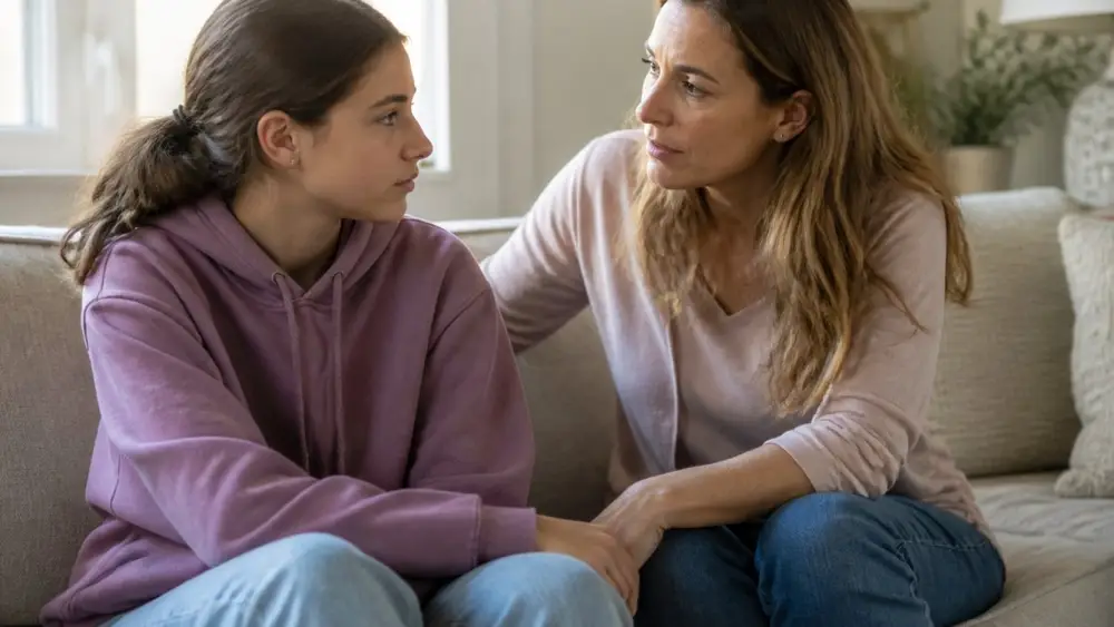 A concerned parent and teenager sitting on a couch. Discover when your teen needs intensive therapy.